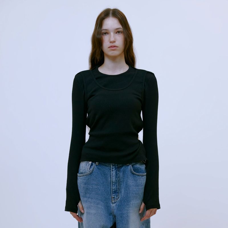 13MONTH(サーティーンマンス)の「Double Layered Strap Top (BLACK)(Tops)」