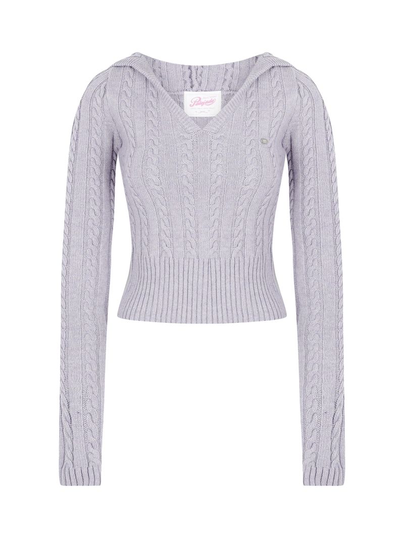 Cable V-Neck Hooded Knit