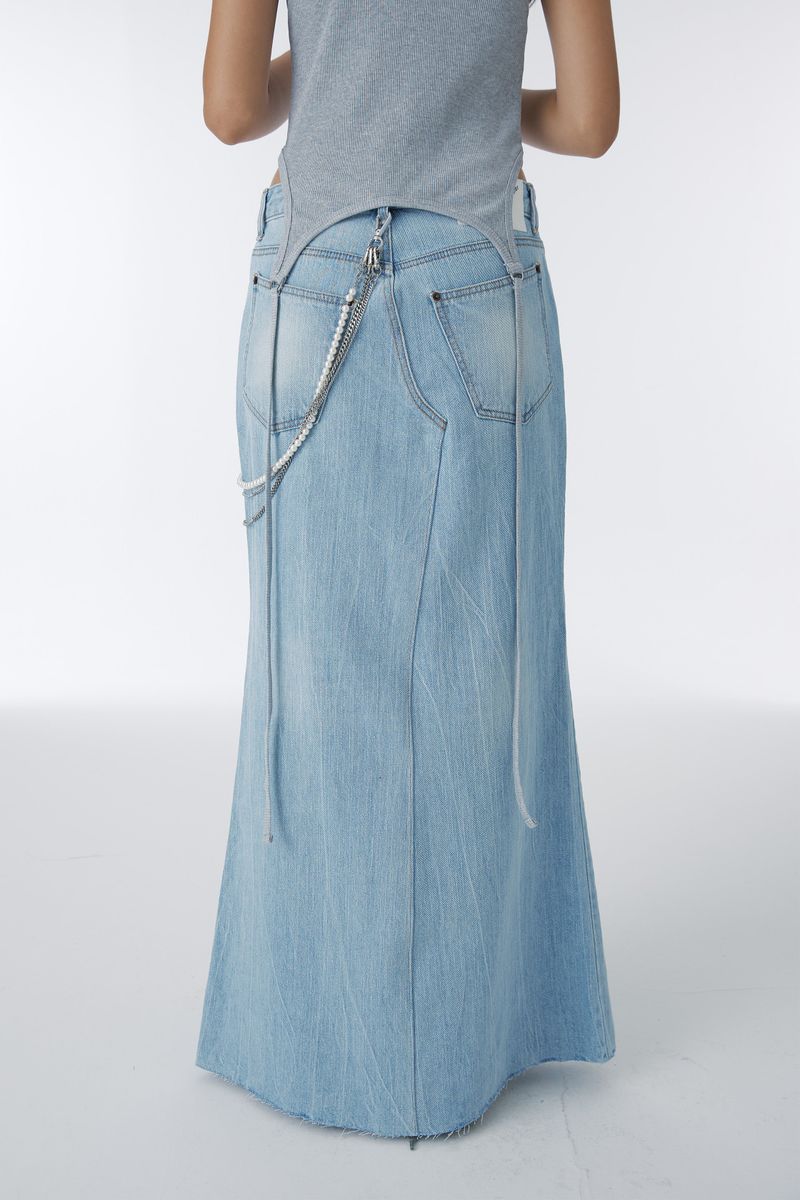 DAMAGED LONG DENIM SKIRT (BLUE)