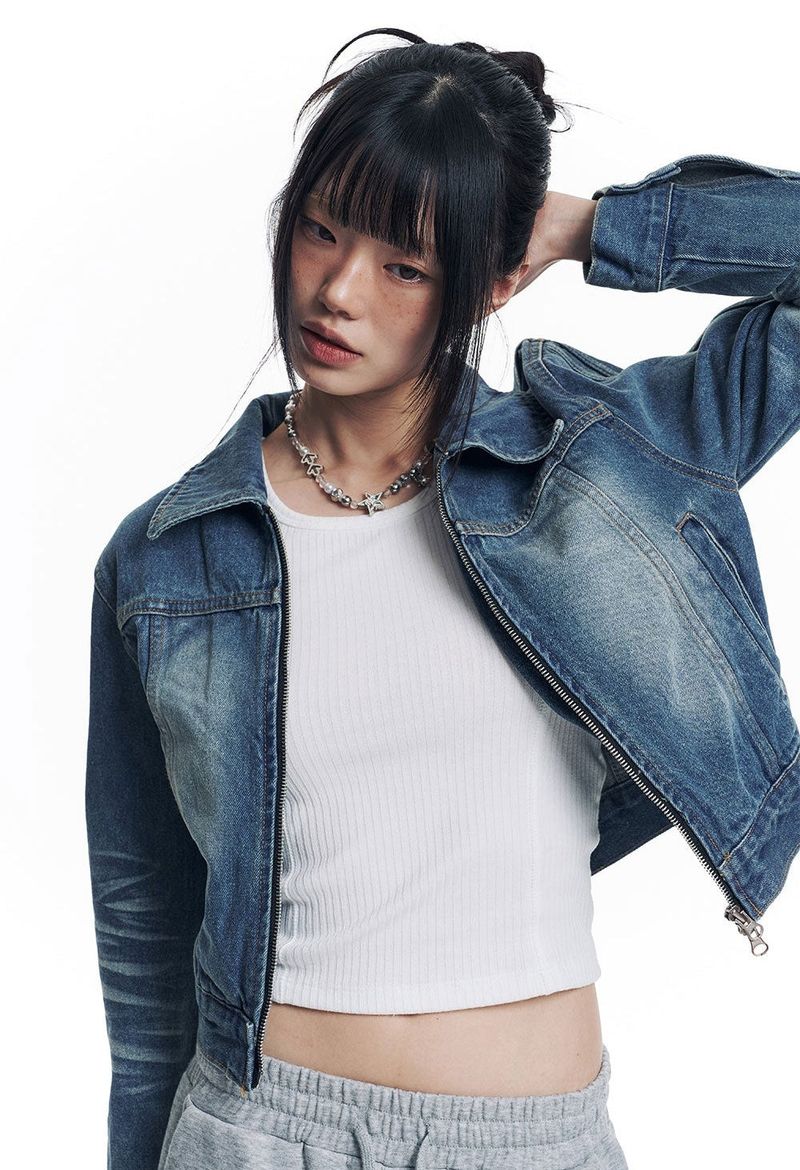 Washed Crop Track Denim Jacket - Deep Blue