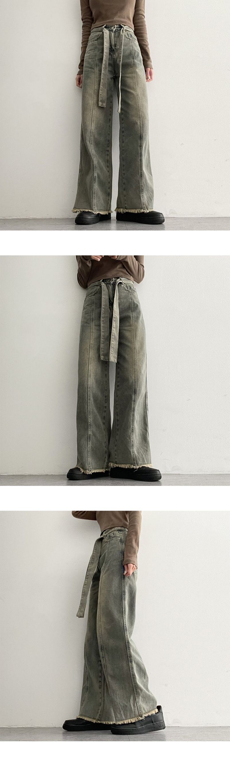 CorWashing Cutting Slit Belt Denim Wide Pants
