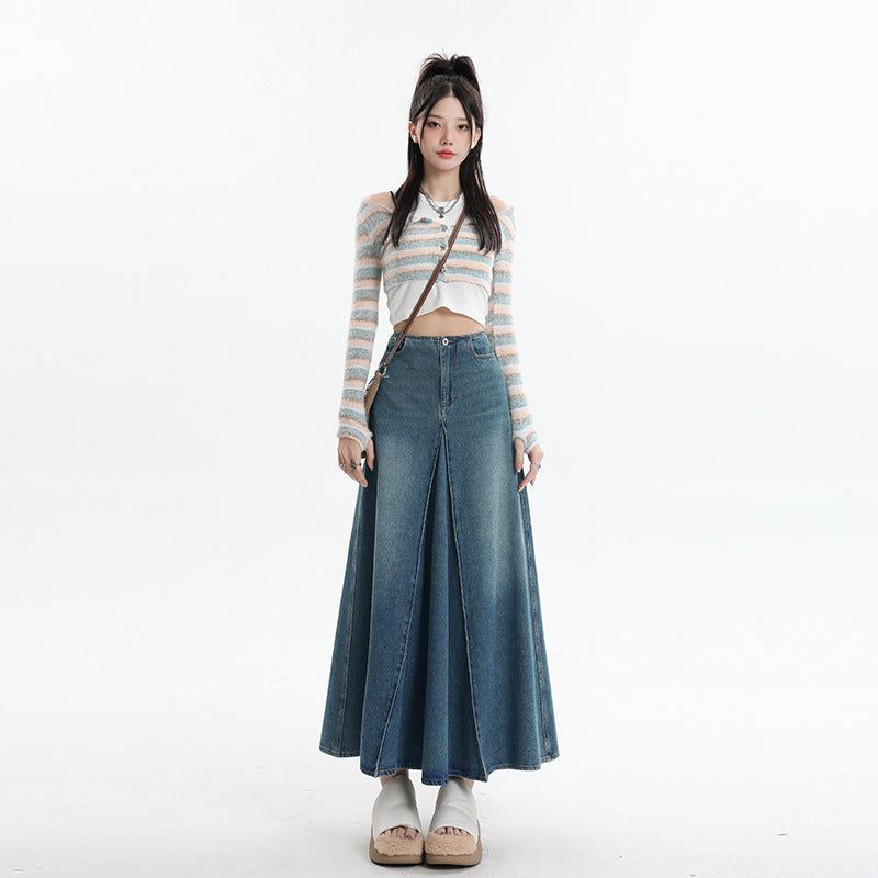 La mode MAQI（ラ モード マキ）の「Vintage A-Line High-Waist Denim Flare Midi Skirt（Skirts）」