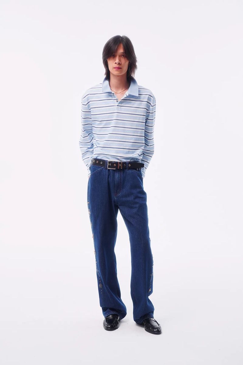 TOTEM RIVET FLOCKED DENIM PATCH STRAIGHT TAILORED JEANS