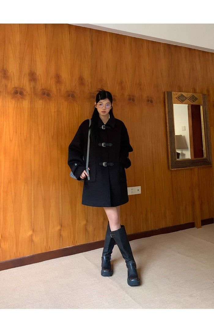 wool black collar buckle half coat