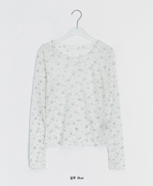 Zaina Tencel U-Neck See-through Flower Layered Long Sleeve Tee