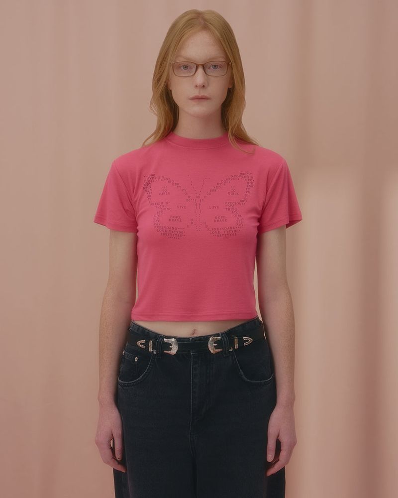 TEXT BUTTERFLY CROP TSHIRT-PINK