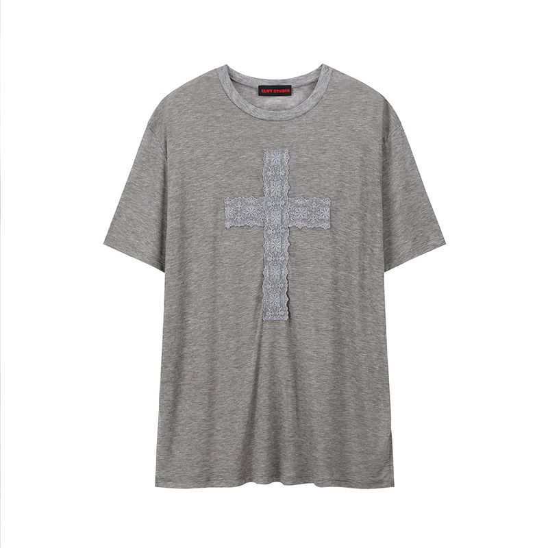 Lace Cross Half T-shirt - GREY