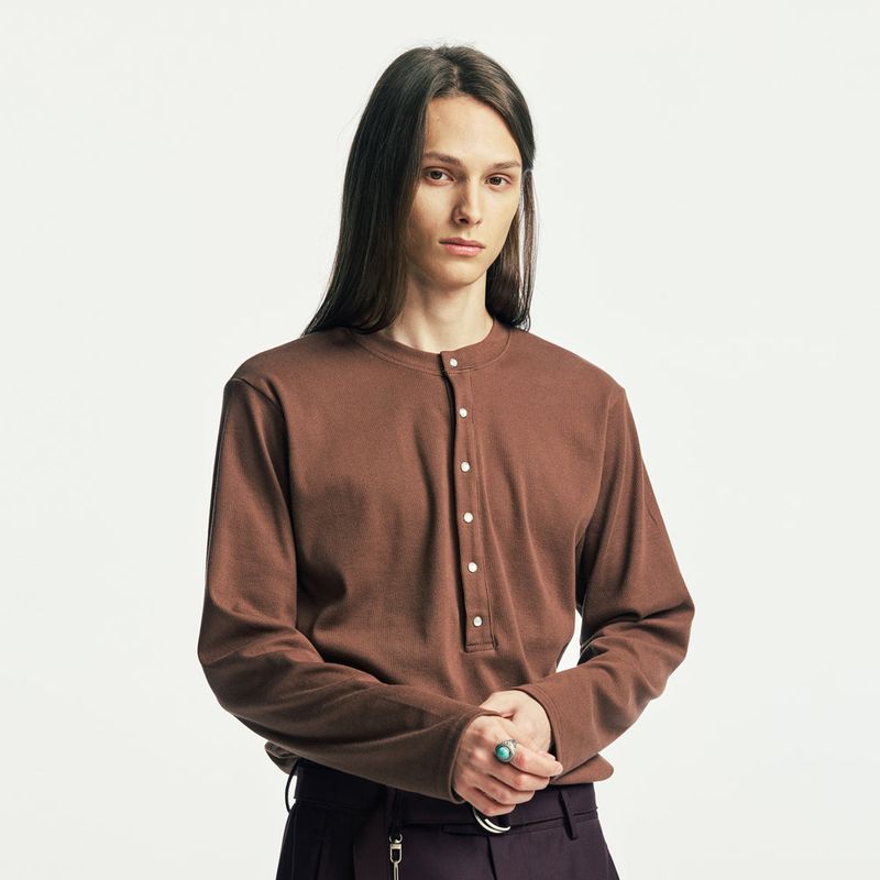 below button-down henry neck long sleeve brown