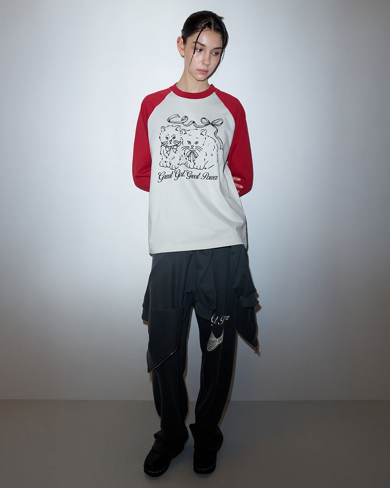 RIBBON CATS RAGLAN LONG SLEEVE-RED