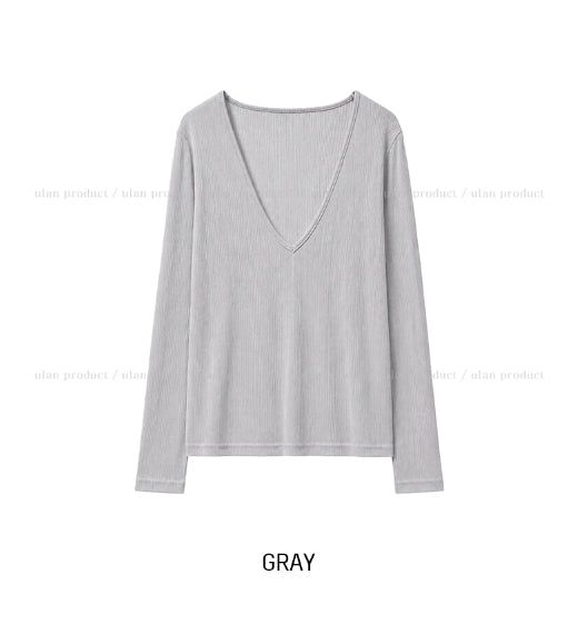 Melting See-through Deep V-Neck Ribbed Long Sleeve