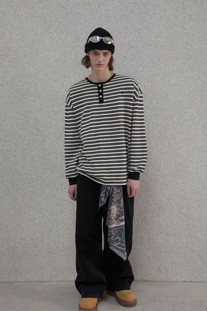 Stripe Henry neck T-shirt - Black