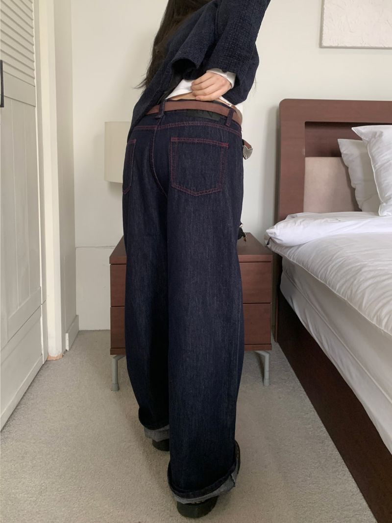 ペニーレッドステッチローワイドデニムパンツ