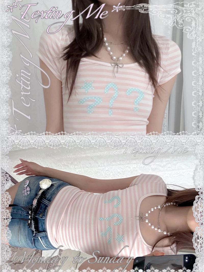 Cute Pastel Striped Graphic Tee - Pink & White U-Neck