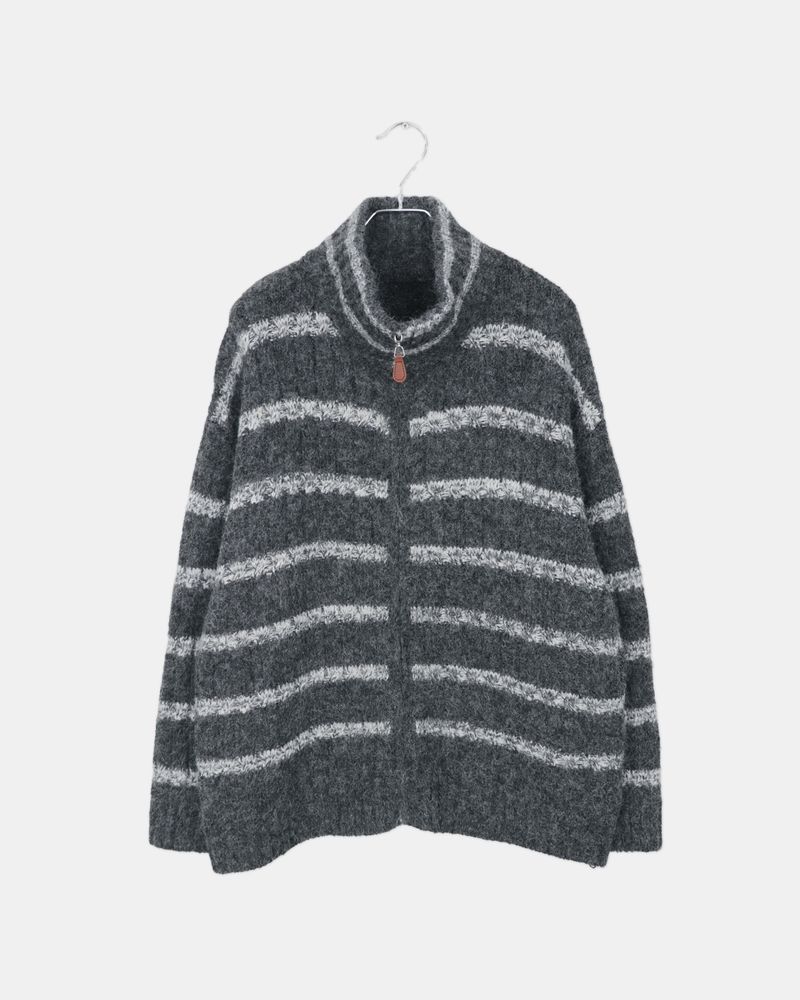 Boyu Striped Mohair Zip-Up Knit Cardigan