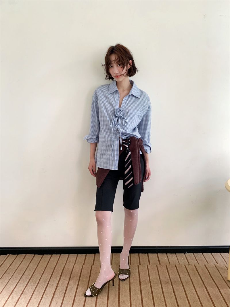 French Corsage Shirring Flower Tie Loose-Fit Check Shirt