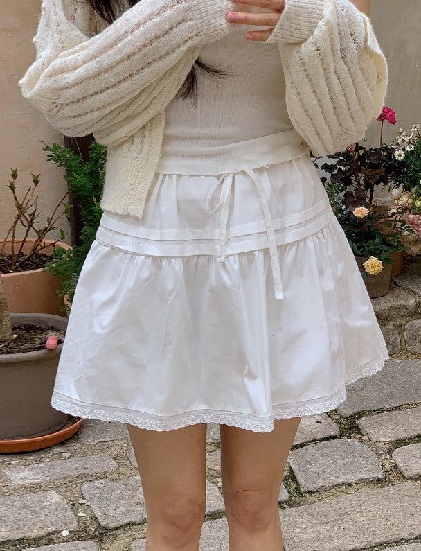 Pintuck String Ribbon Lace Mini Skirt (3color)