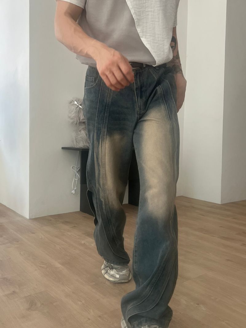 Wave-washed incision wide denim(2colors)