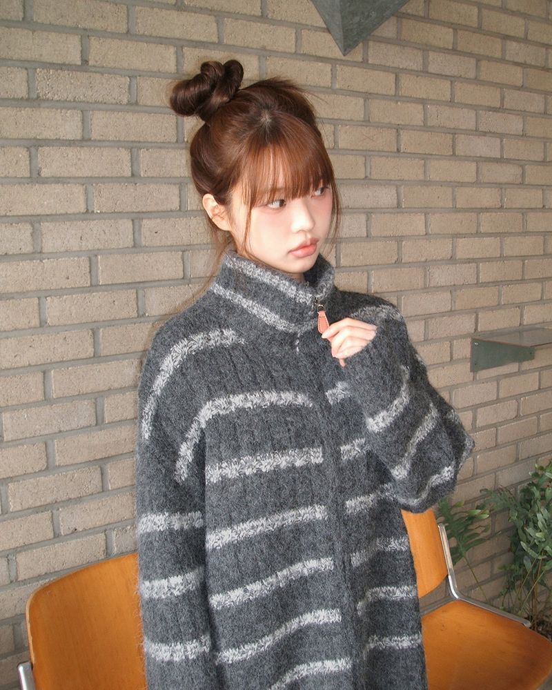 Boyu Striped Mohair Zip-Up Knit Cardigan