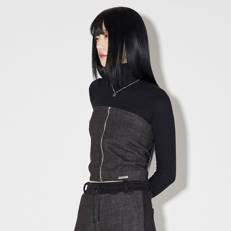 デニムニットブロックチューブトップ / Denim Knit Blocking Top [BLACK]