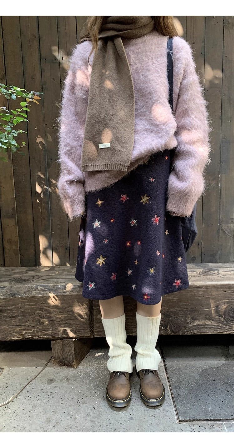 floral embroidered flare wool midi skirt