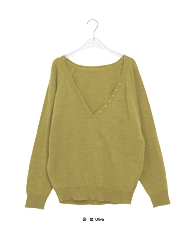 Bastin Loose-Fit Button Deep V-Neck Knit