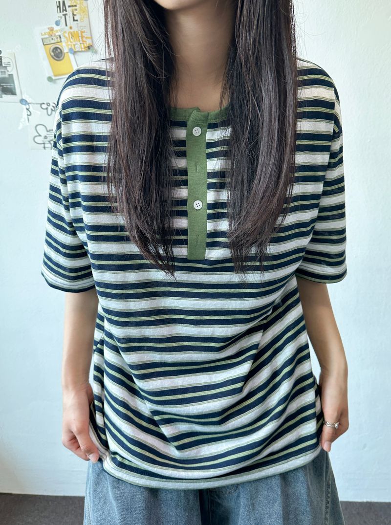 Yuria Cooling Stripe Henley Tee 3color