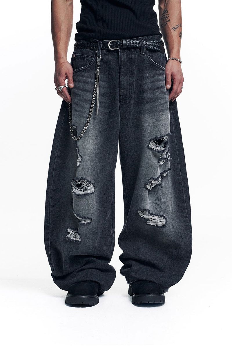 Distressed Curved Denim Pants - Black