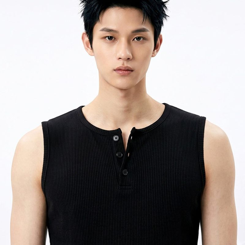 Ribbed Henley-Neck Sleeveless Top Black