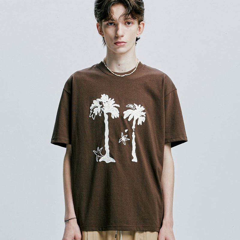 S SY(エスエスワイ)の「palm tree & eyelet chain needlework t-shirt brown(Tops)」
