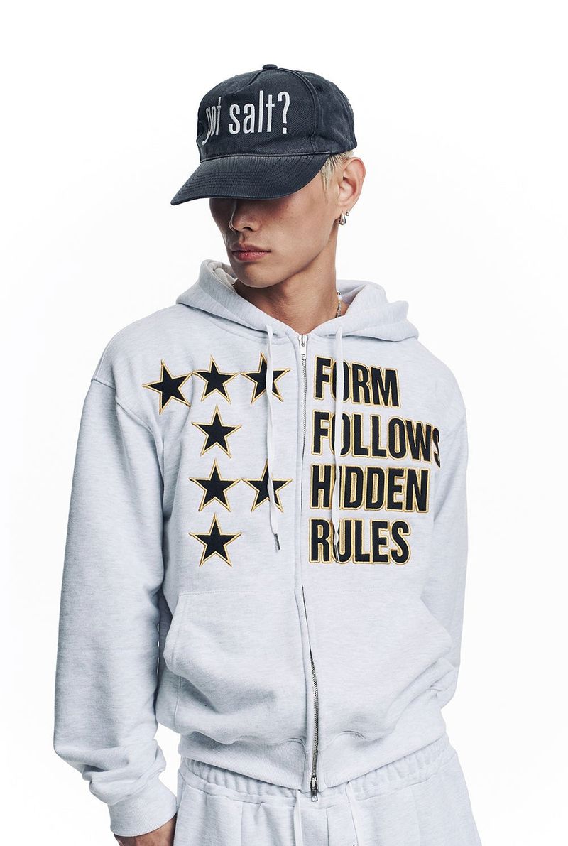 Star Lettering Patch Hoodie Zip-Up - White