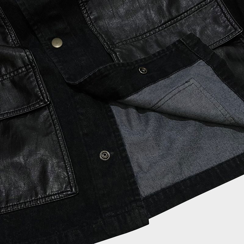 faux leather mix denim shirt_black
