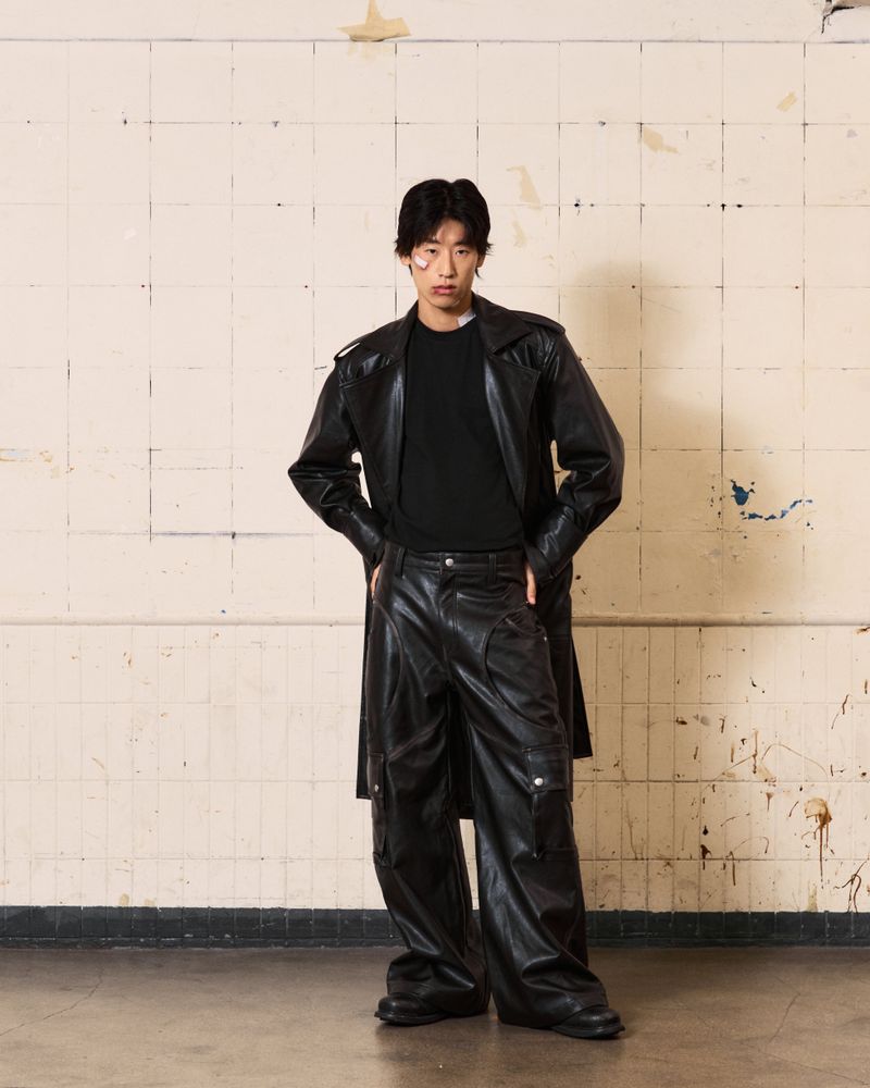 Curved Leather Trench coat (Black)