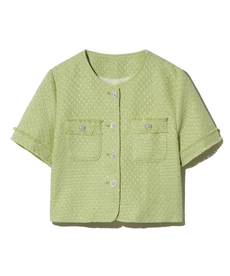 85-VIVAJ054 Pocket Fringe Crop Tweed Half Jacket Green