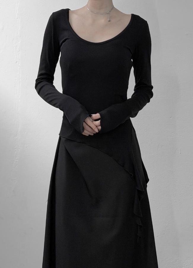 Frill Deep Round Neck Long Sleeve Tee