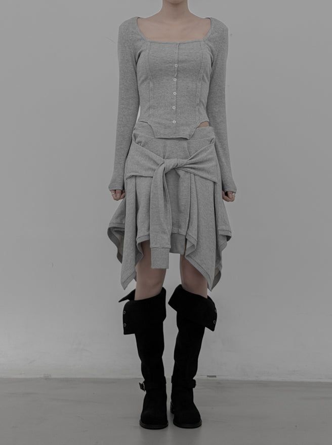 Knotted Unbalanced Sweat Midi Skirt