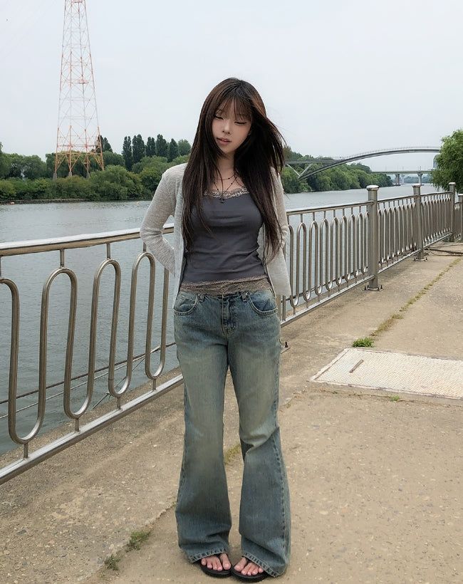 Tier Cat Washed Semi-Bootcut Denim Pants