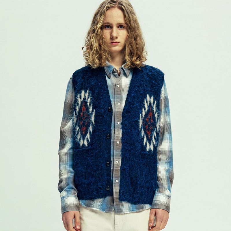 chimayo pattern brushed knit vest navy