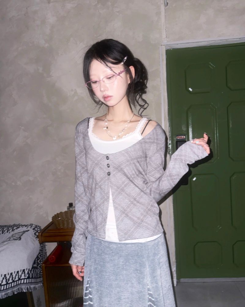 (3color) Blurred Argyle Slit Cardigan