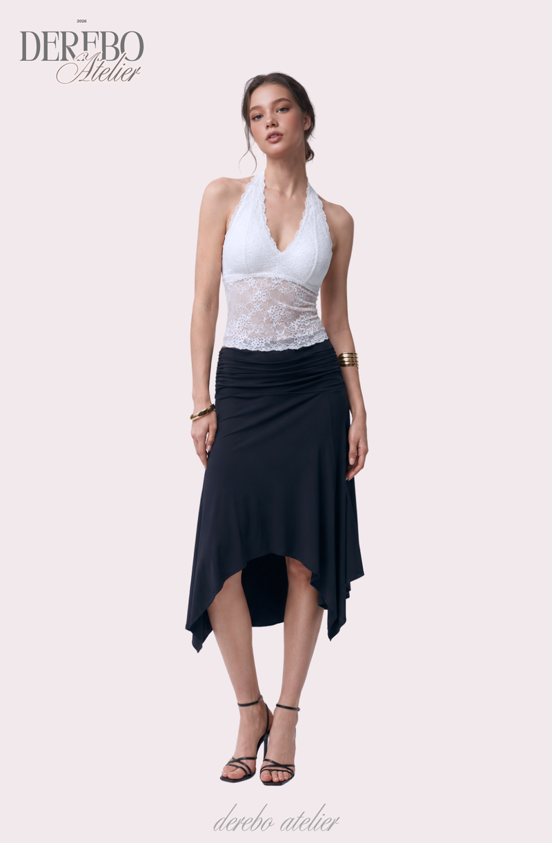 mood fit unbalanced midi long skirt