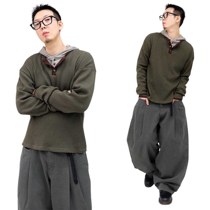 Basic Henley Neck Hooded Sleeve Long Sleeve Tee