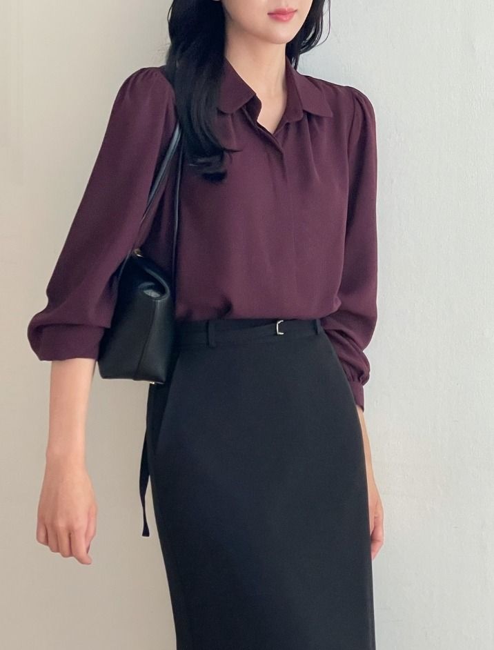 Nero Collar Shirring Hidden Button Puff Blouse