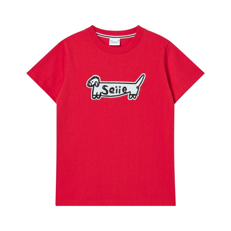 seiie(セイエ)の「ドッグロゴスリムフィットアップリケTシャツ レッド(トップス)」