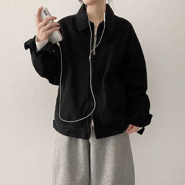 Rentto Basic Collar Zipper Loose Fit Cotton Jacket