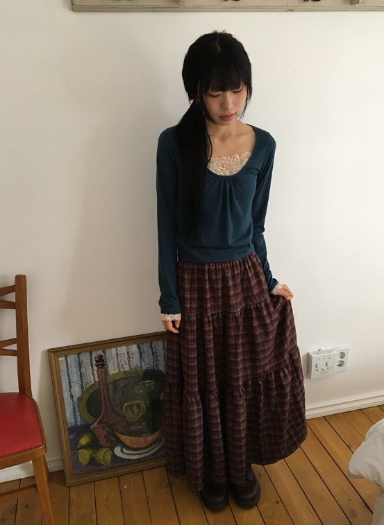 Talib Vintage Check Tiered Banding Long Skirt