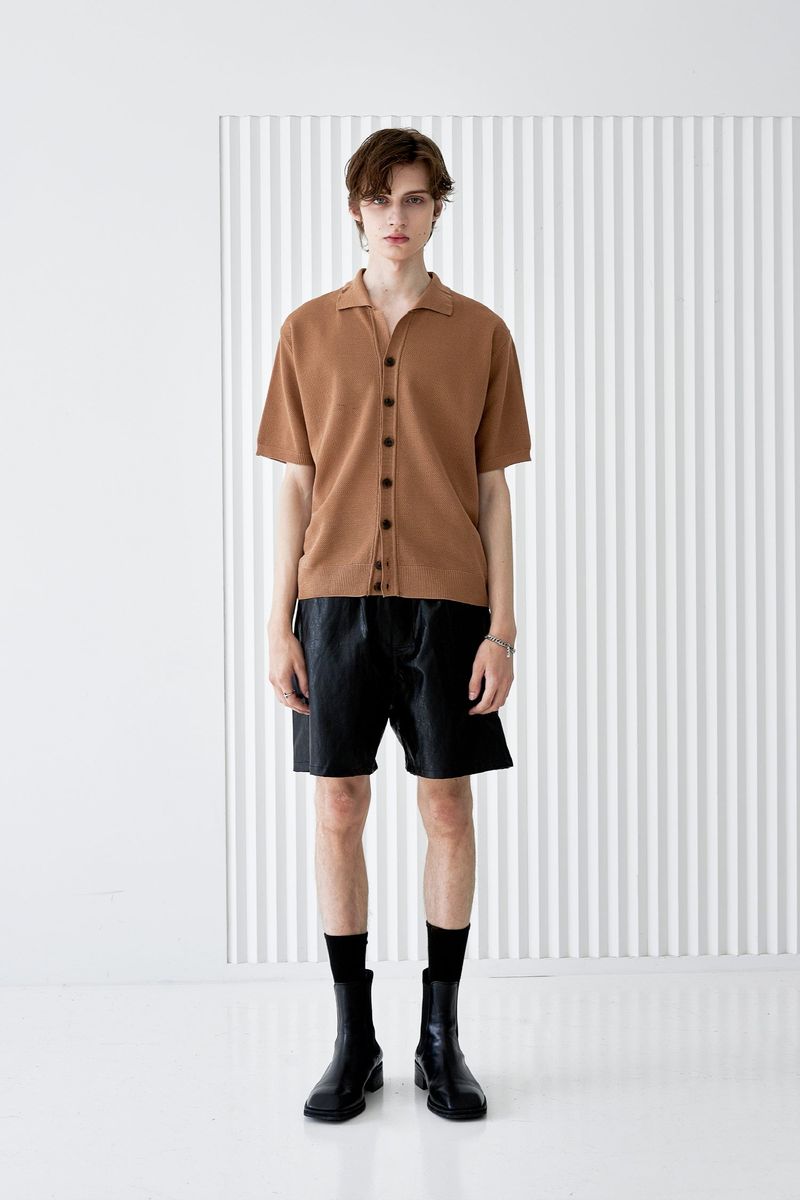 BUTTON UP HALF SLEEVE PIQUE CARDIGAN BROWN