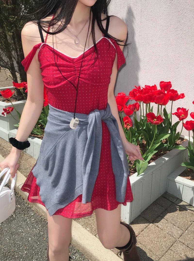 Cherry Kiss Dot Shirring Halter Mini Dress