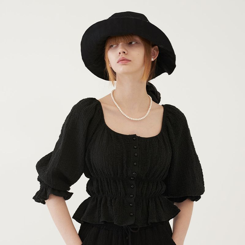 SHIRRING SQUARE BLOUSE (BLACK)
