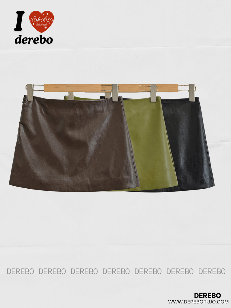 Olive leather A-line mini skirt