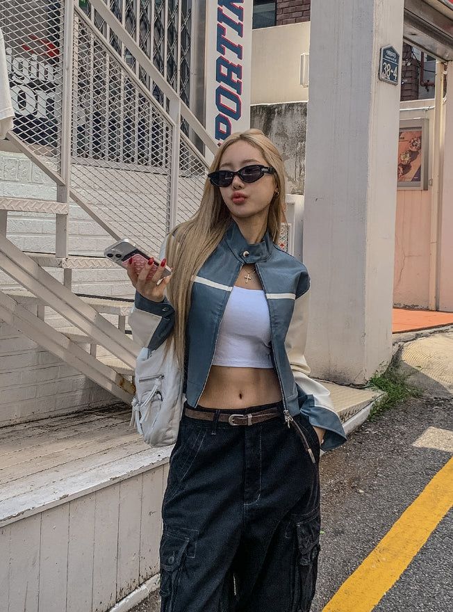 Peer One Track Crop Leather Jacket