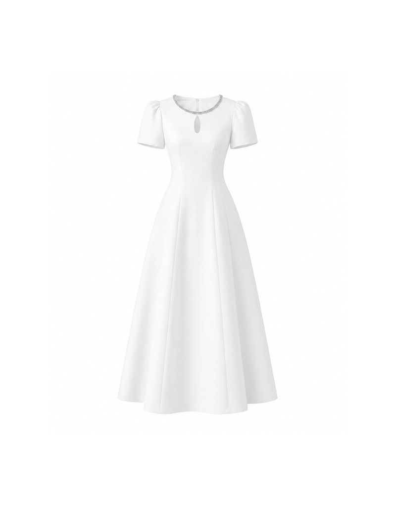[ATELIER] Spiral Classic Beaded Point Balloon Short Sleeve Long Dress White